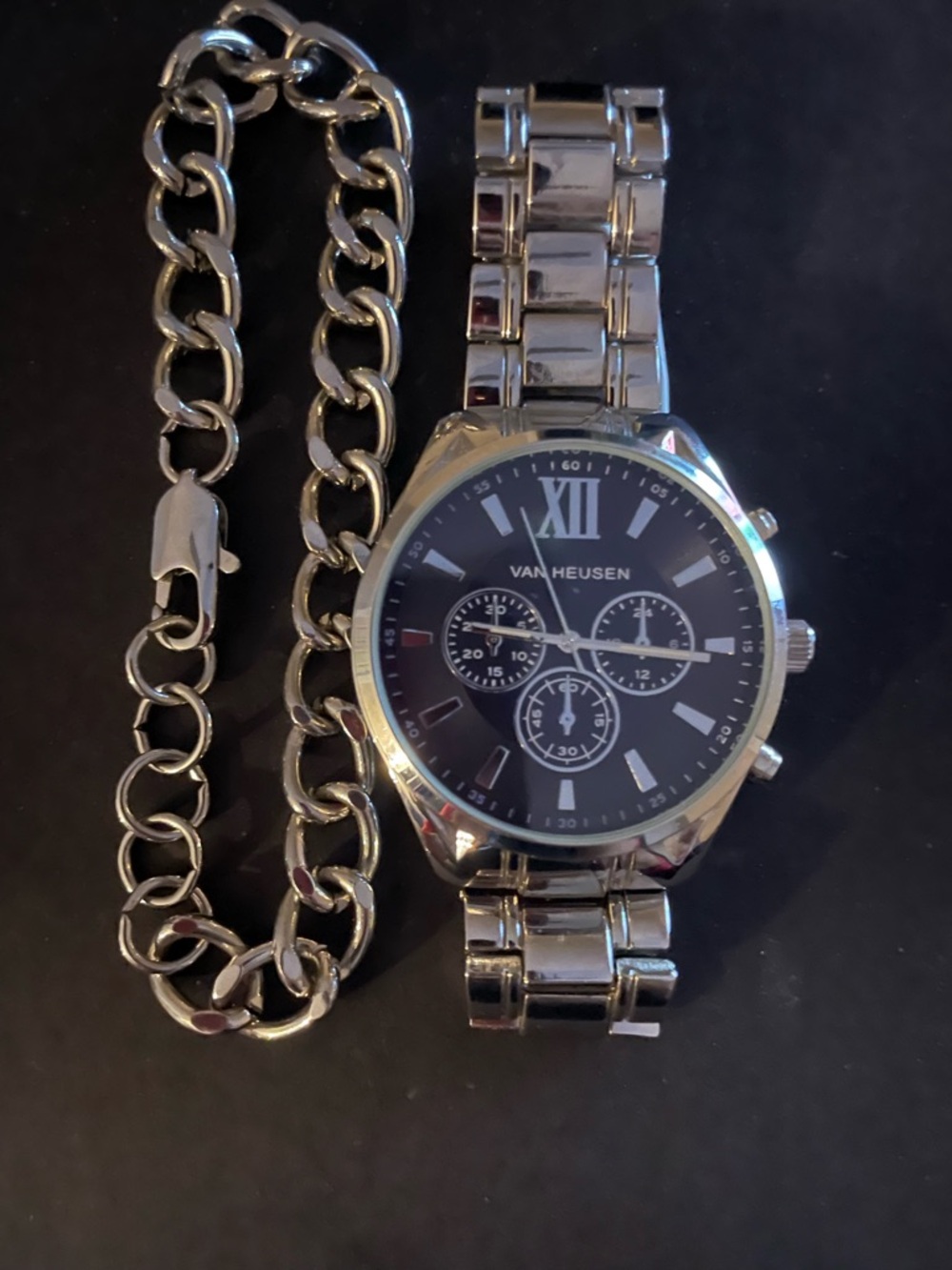 Van Heusen Silver-Tone Watch with Black Dial